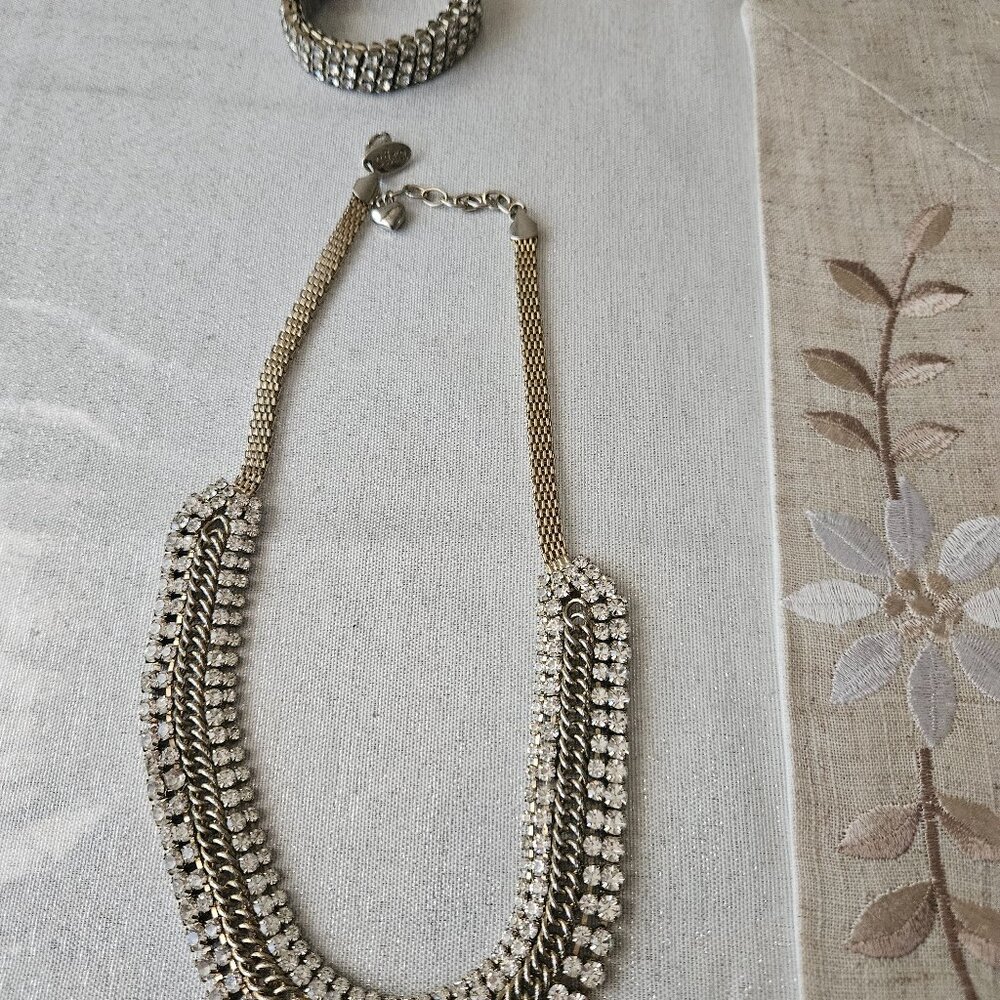 Cara Gold Tone and Crystal Statement Necklace and Rhinestone Unmarked Bracelet